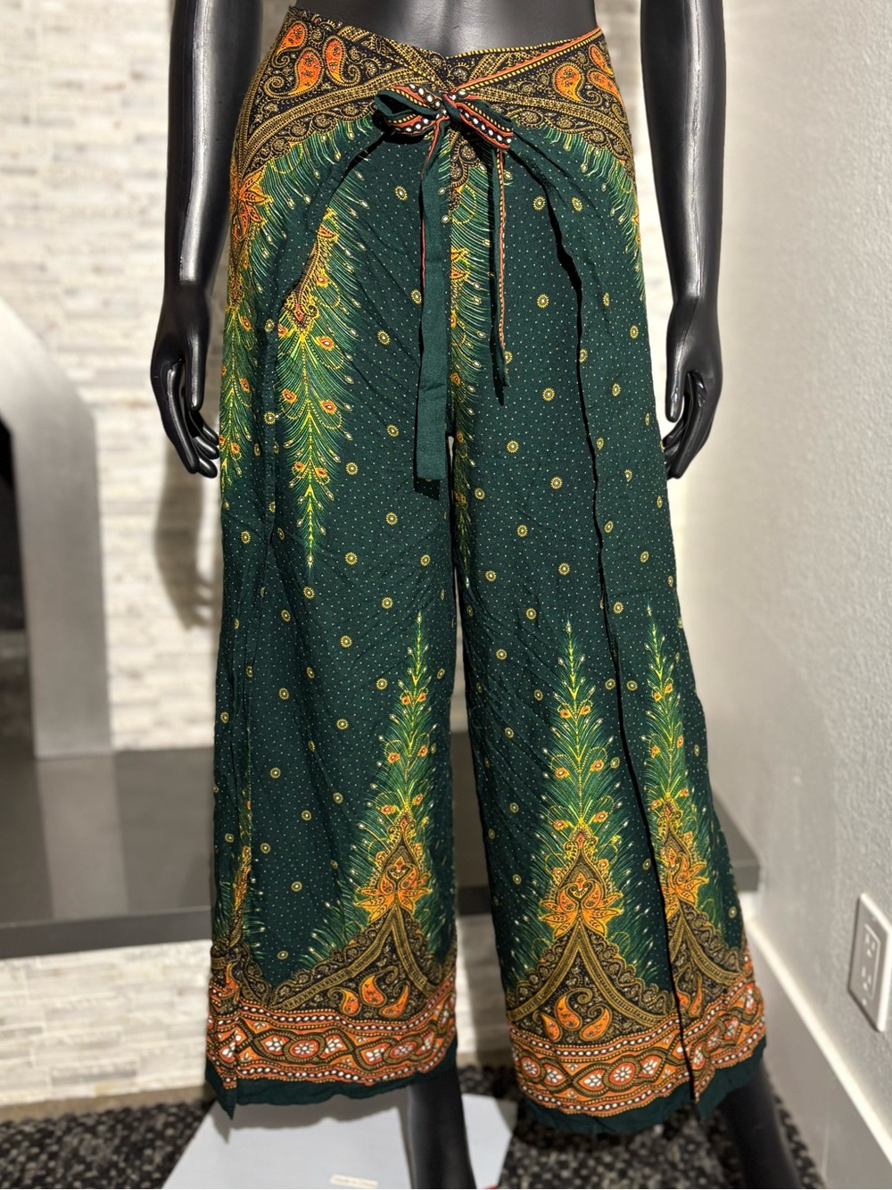 Thai Peacock Boho Wide-Leg Wrap Palazzo Pants